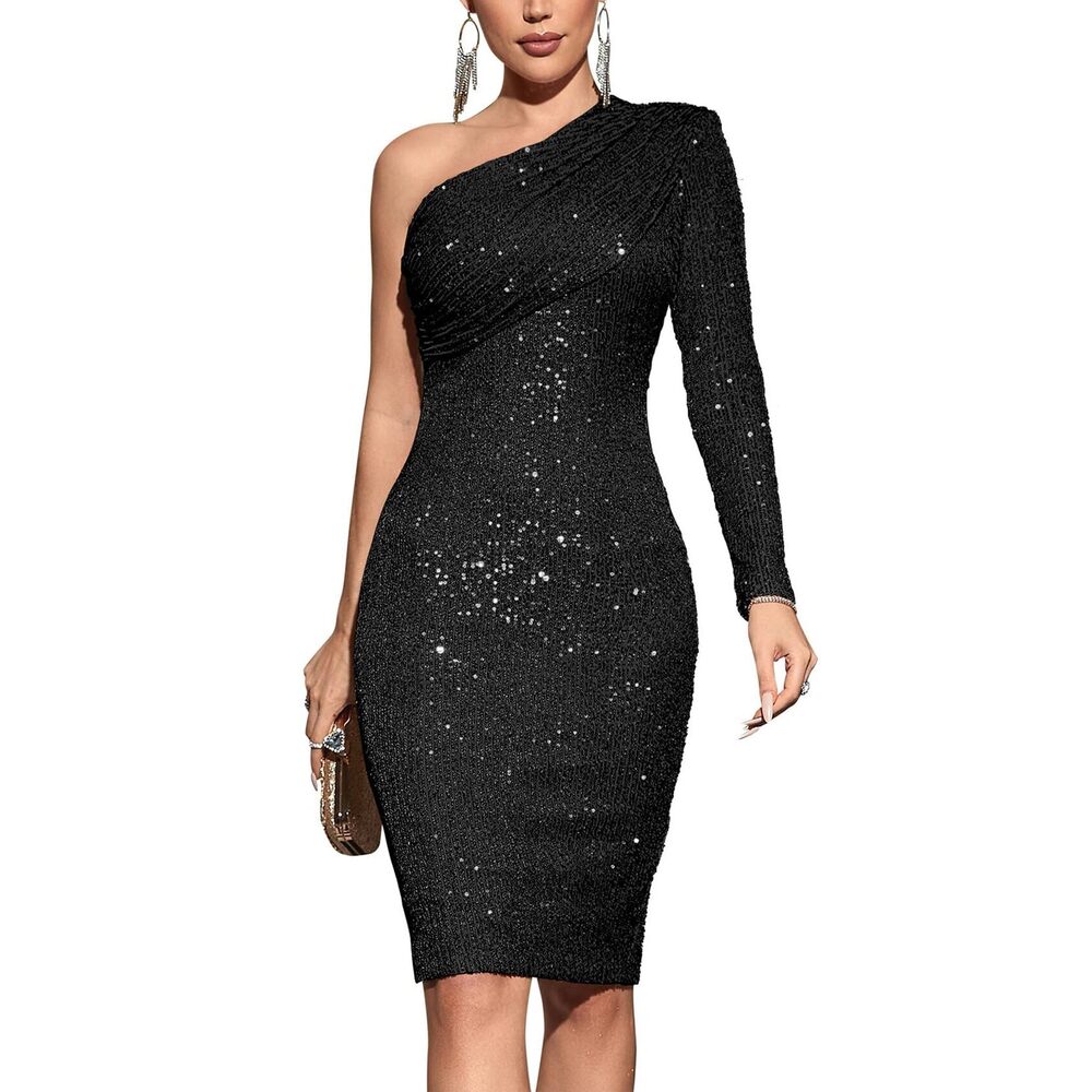9269 One Shoulder Sequin Dress Long Sleeve Evening Gowns Midi 1920s Formal